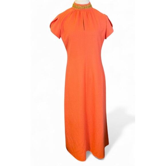 Vintage 60s 70s Maxi Gown Dress Sz M Coral Pink Gold Trim Retro Glam Angels Cher - Picture 1 of 9